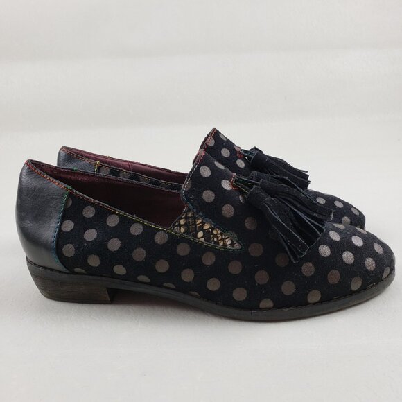 L'Artiste Spring Step Klasik Loafer Women 9 40 Black Suede Polka Dot Tassel Shoe - Picture 2 of 16